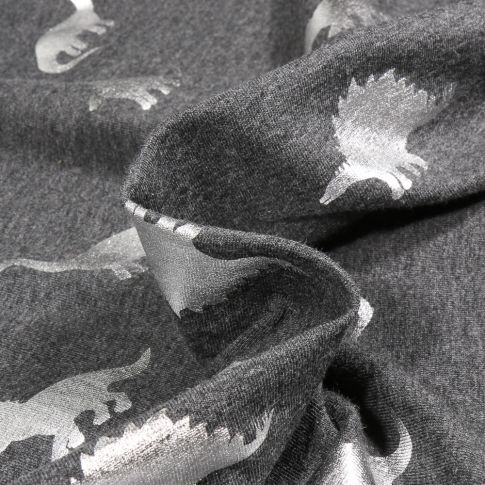 Tissu Jersey Coton Dino métalissé argenté sur fond Gris foncé chiné