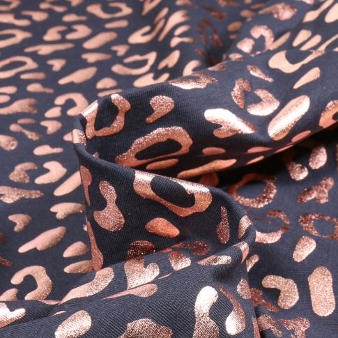 Tissu Jersey Coton Léo rose gold sur fond Bleu marine