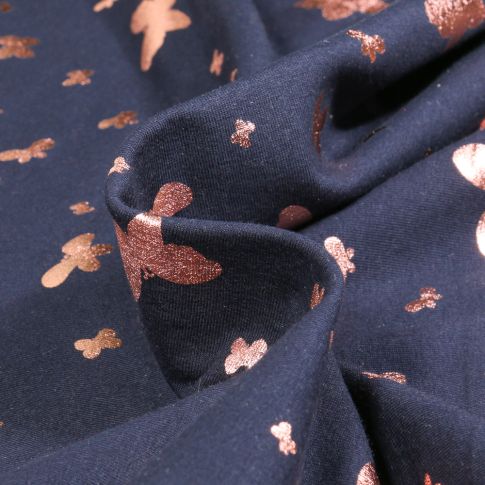Tissu Jersey Coton Papillons métalissés sur fond Bleu marine