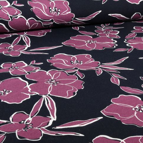 Tissu Jersey Viscose  Twigs violet sur fond Noir