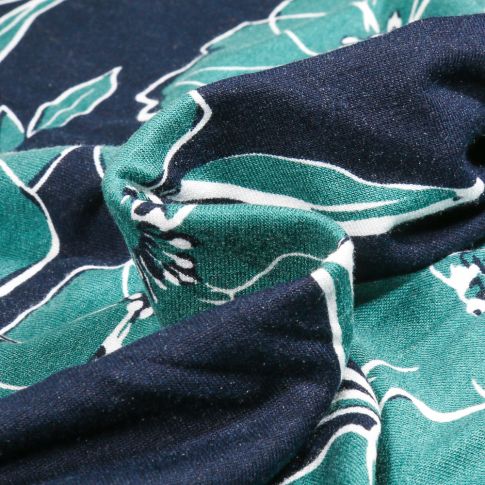 Tissu Jersey Viscose  Twigs pétrole sur fond Bleu marine