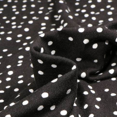 Tissu Jersey Viscose  Dotty pois blanc sur fond Noir