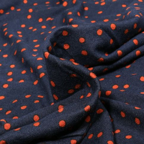 Tissu Jersey Viscose  Dotty rouge orangé sur fond Bleu marine