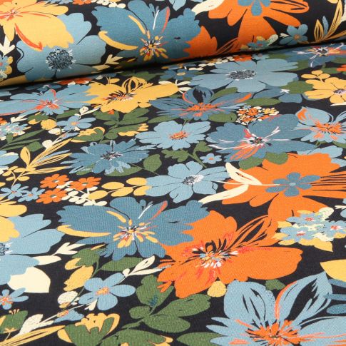 Tissu Jersey Coton Big Flowers sur fond Noir