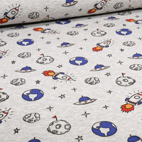 Tissu Sweat envers molletonné Mission Space sur fond Gris clair chiné