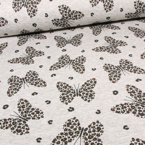 Tissu Sweat envers minky Papillons Léo sur fond Gris chiné
