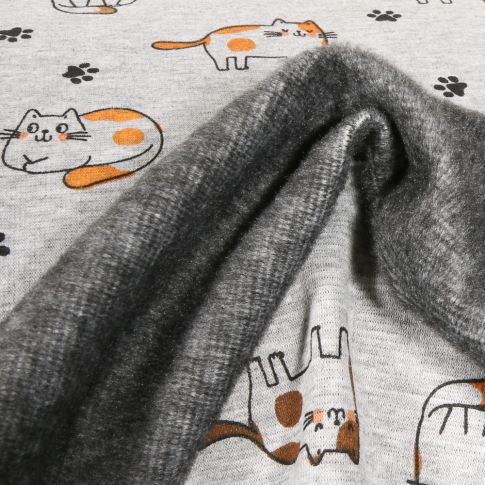 Tissu Sweat envers minky Kitty kitty sur fond Gris clair