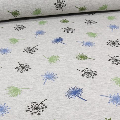 Tissu Sweat envers minky Pissenlits colorés sur fond Gris chiné