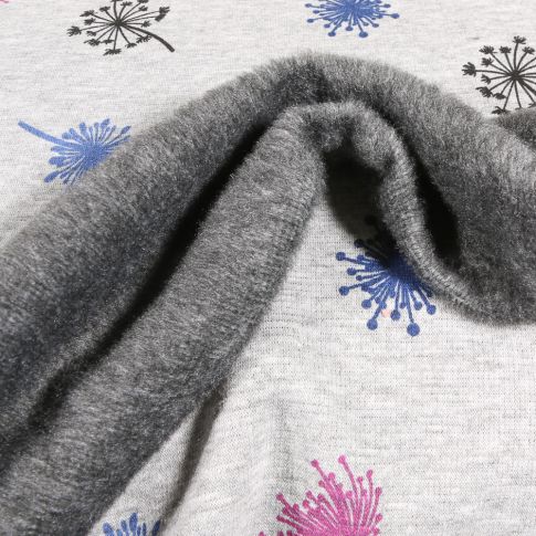 Tissu Sweat envers minky Pissenlits colorés sur fond Gris clair chiné