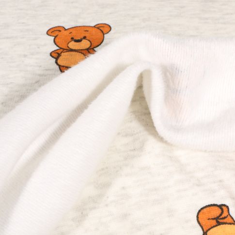 Tissu Sweat envers minky Ptit'ourson sur fond Ecru chiné