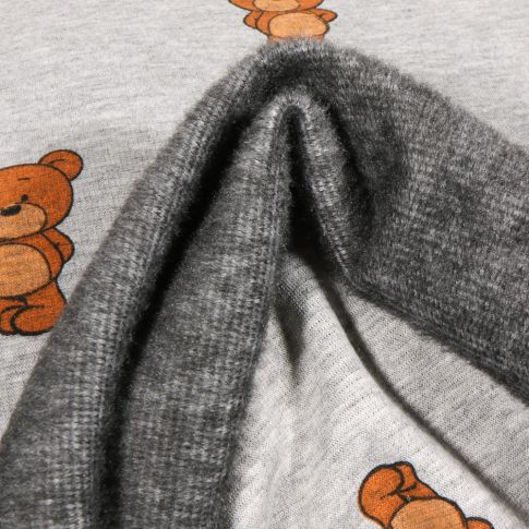 Tissu Sweat envers minky Ptit'ourson sur fond Gris clair chiné