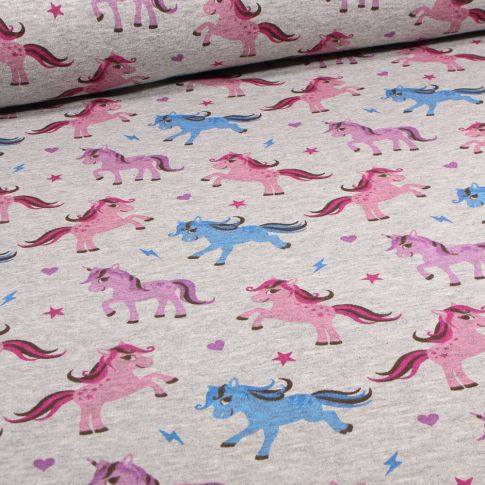 Tissu Sweat envers minky Pony licornes bleu et rose sur fond Gris chiné