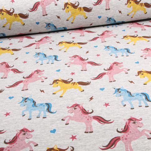Tissu Sweat envers minky Pony licornes jaune et rose sur fond Gris chiné