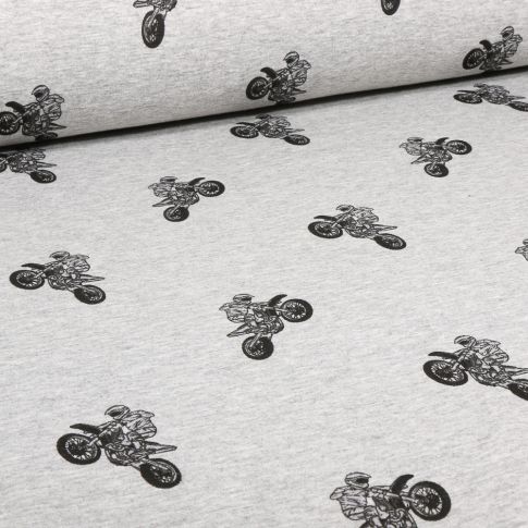 Tissu Sweat envers molletonné Moto Cross sur fond Gris clair chiné