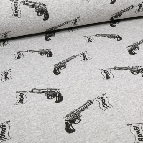 Tissu Sweat envers molletonné Bang Bang sur fond Gris clair chiné