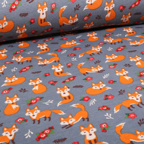 Tissu Sweat envers molletonné Foxy Frenzy sur fond Bleu gris