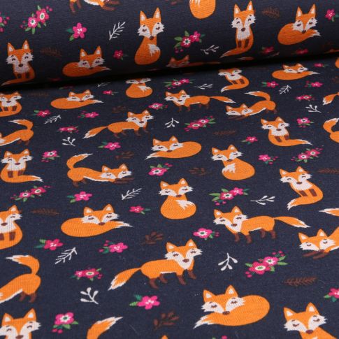 Tissu Sweat envers polaire Foxy Renard sur fond Bleu marine