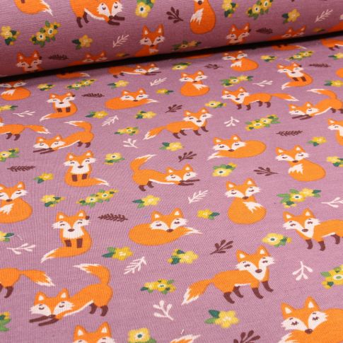 Tissu Sweat envers polaire Foxy Renard sur fond Mauve