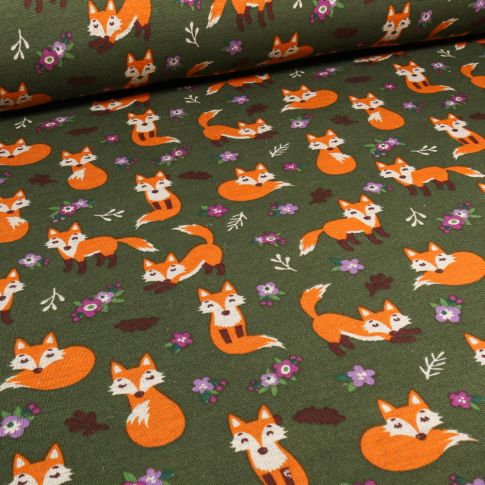 Tissu Sweat envers molletonné Foxy Frenzy sur fond Vert kaki