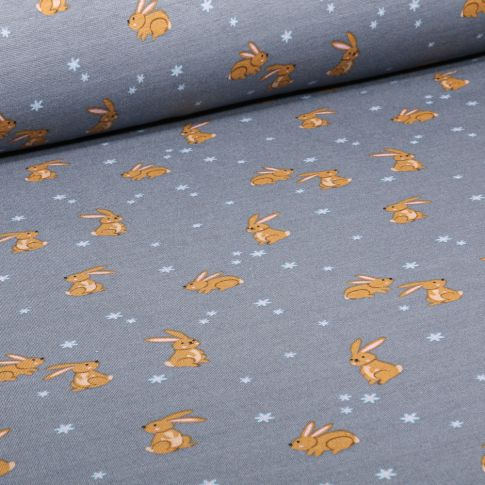 Tissu Sweat envers molletonné Bunny cute sur fond Bleu gris