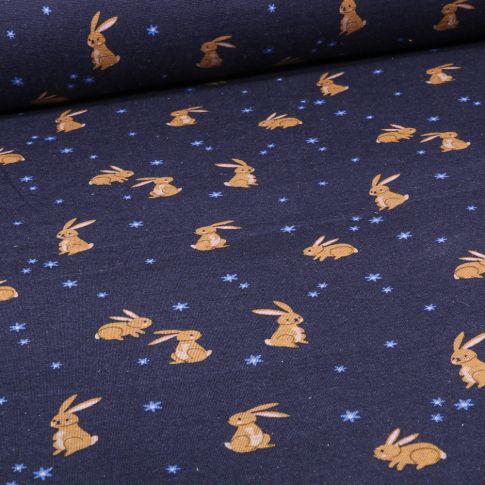 Tissu Sweat envers molletonné Bunny cute sur fond Bleu marine