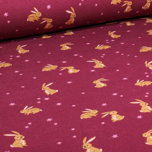 Tissu Sweat envers molletonné Bunny cute sur fond Bordeaux
