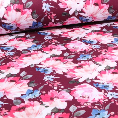 Tissu Softshell Digital Pivoines rosi sur fond Prune