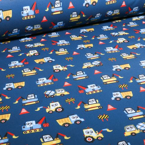 Tissu Softshell Digital Engins de chantier rigolo sur fond Bleu marine