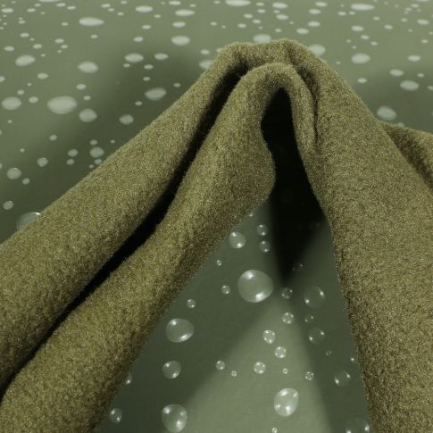 Tissu Softshell Perles d'eau sur fond Vert kaki