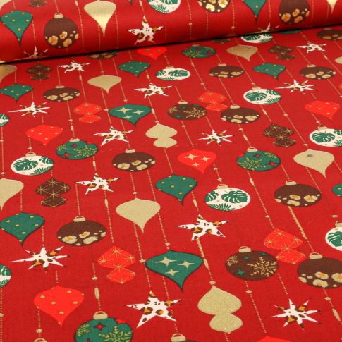 Tissu Coton imprimé Ornements de noël sur fond Rouge foncé