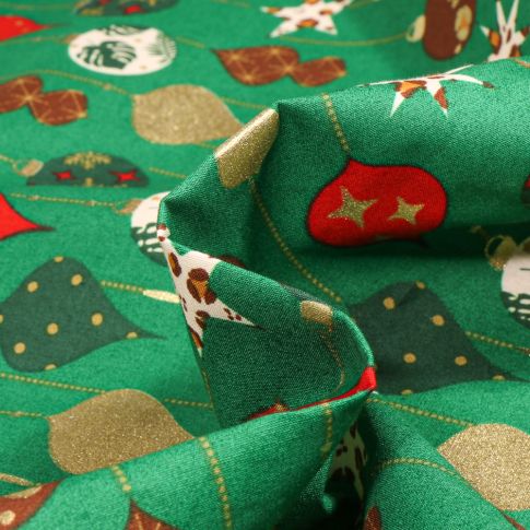 Tissu Coton imprimé Ornements de noël sur fond Vert