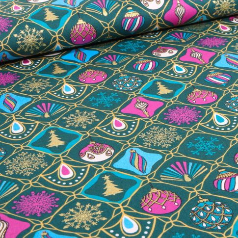 Tissu Coton imprimé Patchwork de noël sur fond Vert