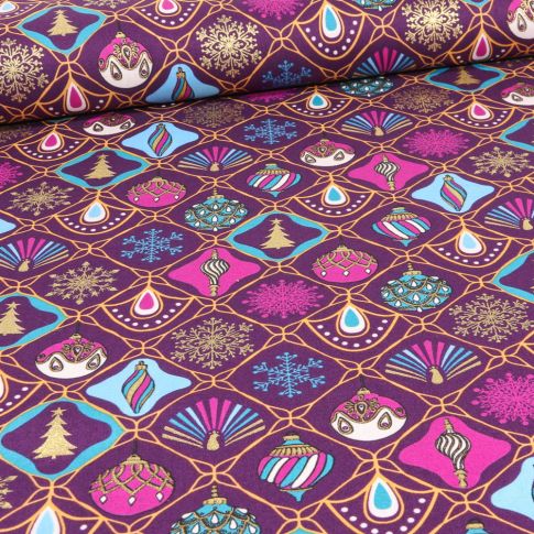 Tissu Coton imprimé Patchwork de noël sur fond Violine