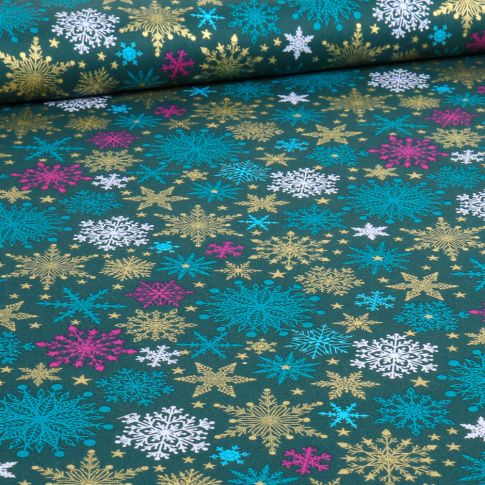 Tissu Coton imprimé Christmas flocon sur fond Vert