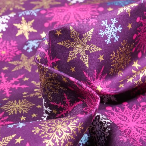 Tissu Coton imprimé Christmas flocon sur fond Violine