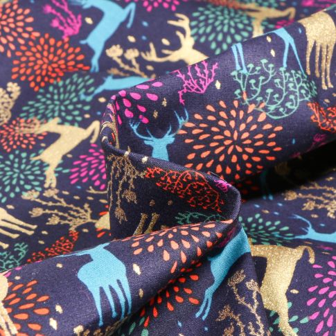 Tissu Coton imprimé Cerfs multicolores et dorés sur fond Violet