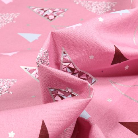 Tissu Coton imprimé Sapins stylisés sur fond Rose