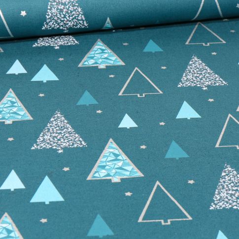 Tissu Coton imprimé Sapins stylisés sur fond Bleu canard