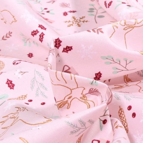 Tissu Coton imprimé Forêt enchantée sur fond Rose pâle