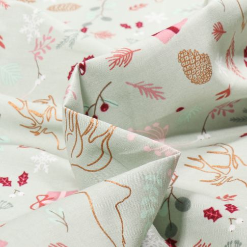 Tissu Coton imprimé Forêt enchantée sur fond Vert clair