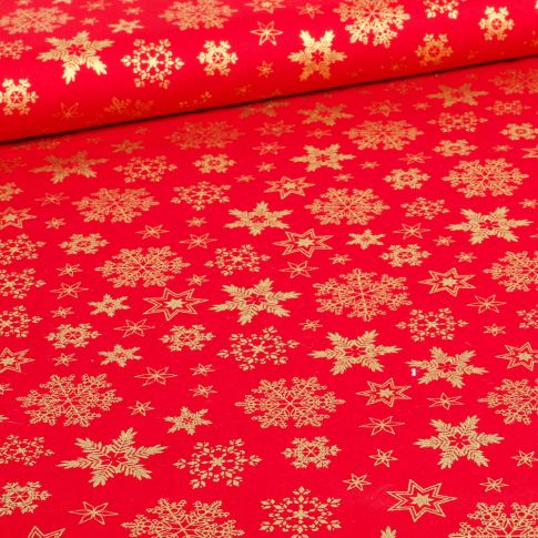 Tissu Coton imprimé Flocons des neiges dorés sur fond Rouge