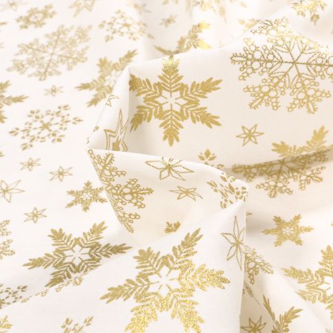 Tissu Coton imprimé Flocons des neiges dorés sur fond Blanc cassé