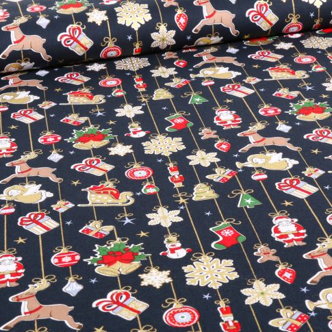 Tissu Coton imprimé Décorations de noël dorées sur fond Bleu marine