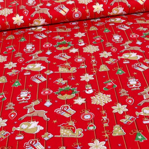Tissu Coton imprimé Décorations de noël dorées sur fond Rouge
