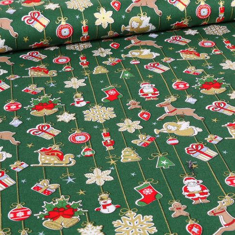 Tissu Coton imprimé Décorations de noël dorées sur fond Vert