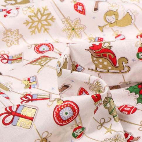 Tissu Coton imprimé Décorations de noël scintillante sur fond Ecru
