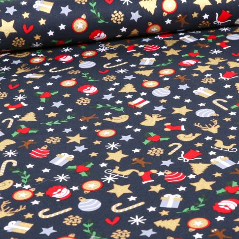 Tissu Coton imprimé Christmas déco dorés sur fond Bleu marine