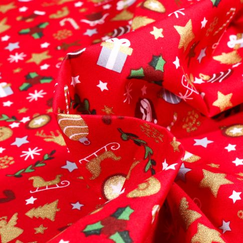 Tissu Coton imprimé Christmas déco dorés sur fond Rouge
