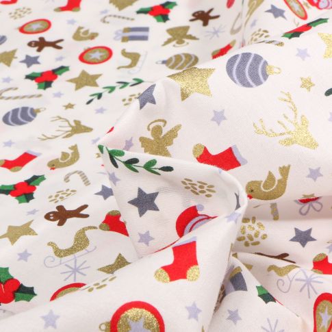 Tissu Coton imprimé Christmas dèco dorés sur fond Blanc cassé