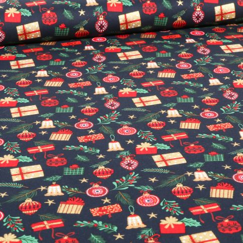 Tissu Coton imprimé Cadeaux de Noël dorés sur fond Bleu marine